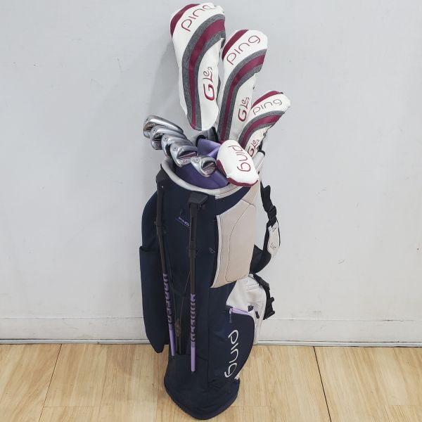 二手超美品 女生 女用PING GLe2 11.5°/19°/26° 開球木桿/3號球道木桿/5號小雞腿/7-S(共5支)鐵桿組 搭配ULT240 J 37/35/40/38 L桿身+SHEA 33"推桿 搭配二手超美品PING腳架式球袋 