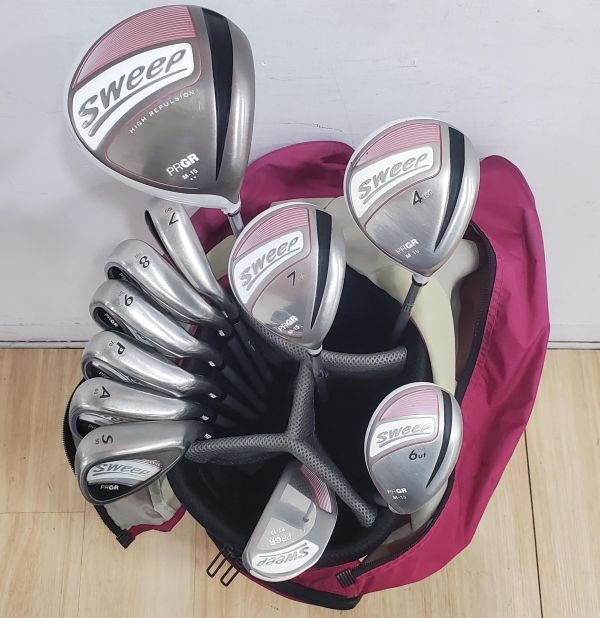 二手美品PRGR SWEEP ᴍ-𝟣𝟧 12.5°/18°/24°/29° 開球木桿/4號球道木桿/7號球道木桿/6號小雞腿/7-S(共6支)鐵桿組 搭配M-30 39/40/37/38/41 L桿身+ᴘᴛ-𝟣𝟧 32"推桿 搭配二手超美品PRGR球袋 
