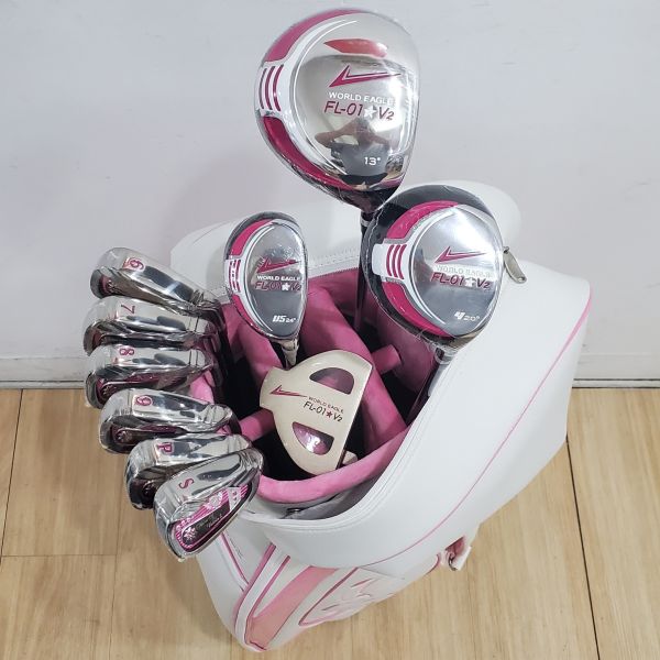 全新品 女生 女用WORLD EAGLE FL-01 V2 13°/20°/24° 開球木桿/4號球道木桿/5號小雞腿/6-S(共6支)鐵桿組 搭配Flower Oj L桿身+33"推桿 搭配全新WORLD EAGLE女用球袋 