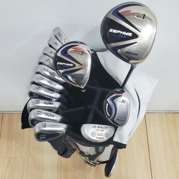二手美品Mizuno ZEPHYR ᴢᴍ-𝟢𝟣 10.5°/16°/22° 開球木桿/3號球道木桿/3號小雞腿 搭配ZEPHYR 58/62/62 R桿身+HONMA ᴛᴡɪɴ ᴍᴀʀᴋꜱ AP-701 3-S(共10支)鐵桿組 搭配N.S.Pro 950 94.5 R桿身+LB-MALLET ᴀʟ-ʟᴏɴɢ 34"推桿 搭配二手HONMA腳架式球袋 