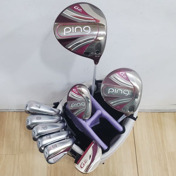 二手超美品 女生 女用PING GLe2 11.5°/19°/26° 開球木桿/3號球道木桿/5號小雞腿/7-S(共5支)鐵桿組 搭配ULT240 J 37/35/40/38 L桿身+SHEA 33"推桿 搭配二手超美品PING腳架式球袋 
