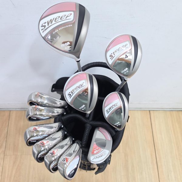 二手近新品 女生 女用PRGR sweep ᴍ-𝟣𝟧 11.5°/18°/24°/29° 開球木桿/4號球道木桿(𝟣𝟧𝟢)/7號球道木桿(𝟣𝟥𝟢)/6號小雞腿(𝟣𝟣𝟢)/7-S(共6支)鐵桿組 搭配M-30 39/40/37/38/43-39 L桿身+ᴘᴛ-𝟣𝟧 32"推桿 9成新近全新(共11支) 搭配全新類牛仔布腳架式球袋 