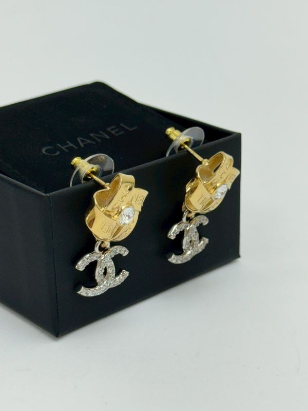 【全新品】CHANEL 25A  雙色水鑽CC吊墜耳環 