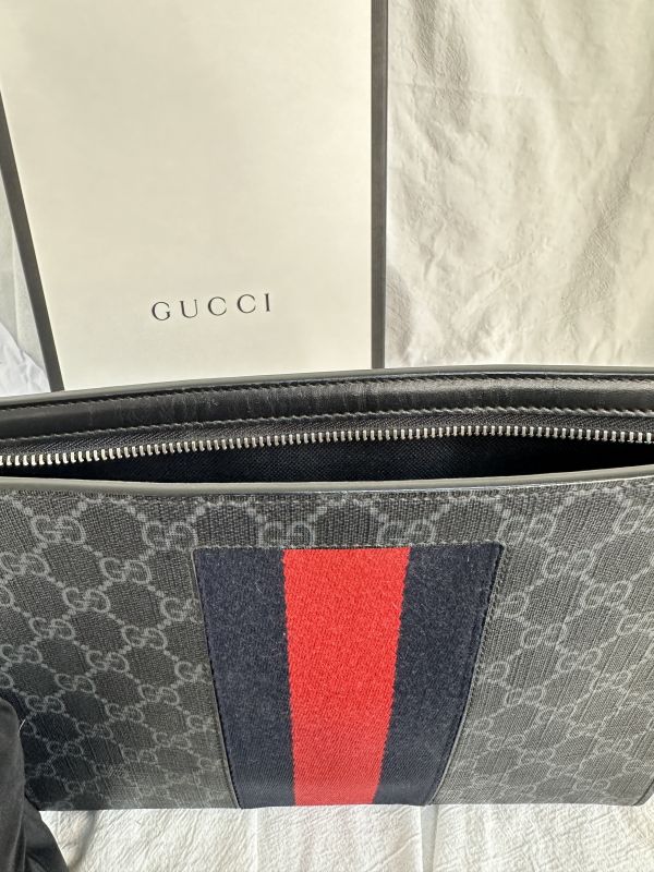 【12期0利率】GUCCI GG Supreme 紅藍WEB織帶手拿包【9成新】 