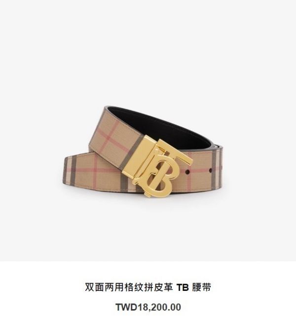 【12期0利率】【全新品】BURBERRY  雙面兩用格紋皮革金色TB皮帶 3.5公分【現金價13000】 