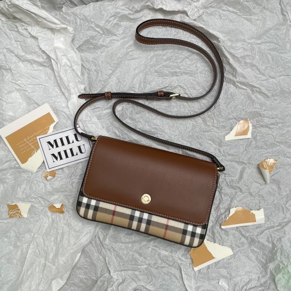 【12期0利率】【全新品】BURBERRY 斜挎Vintage 格紋拼皮革Penny包-棕 