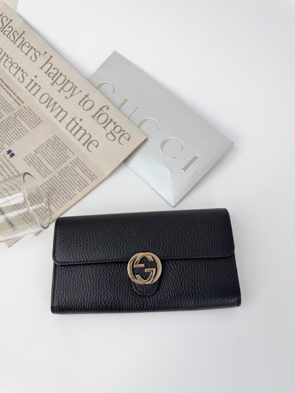 【99成新】GUCCI 雙G LOGO牛皮扣式長夾 