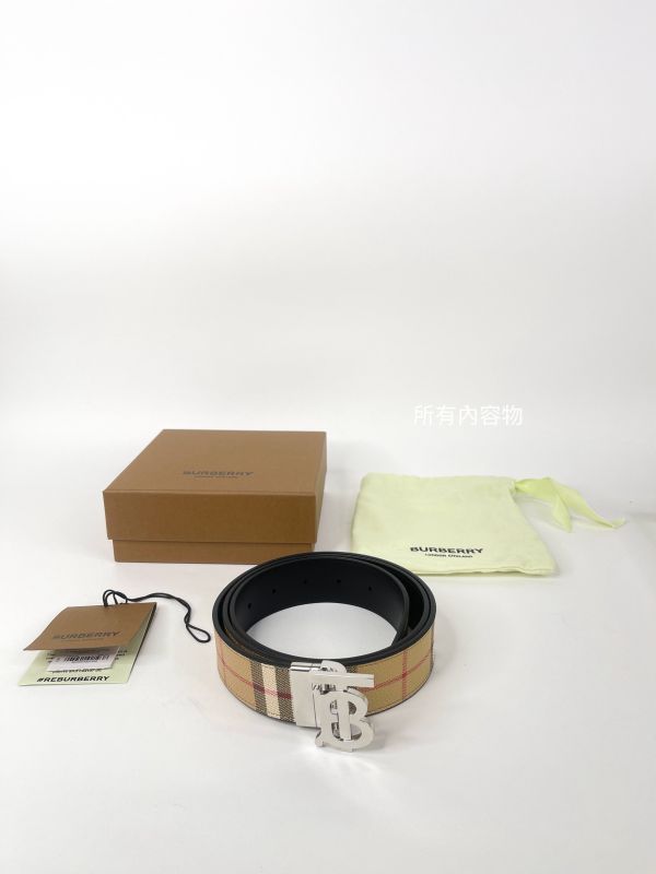 【分期0利率】BURBERRY TB LOGO 格紋拼接皮革雙面用皮帶 3.5MM【95成新】 