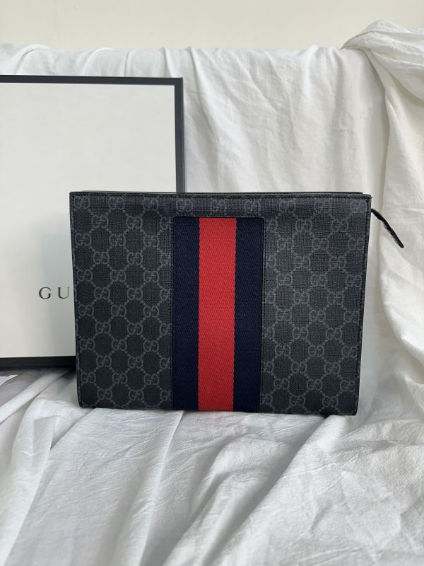 【12期0利率】GUCCI GG Supreme 紅藍WEB織帶手拿包【9成新】 