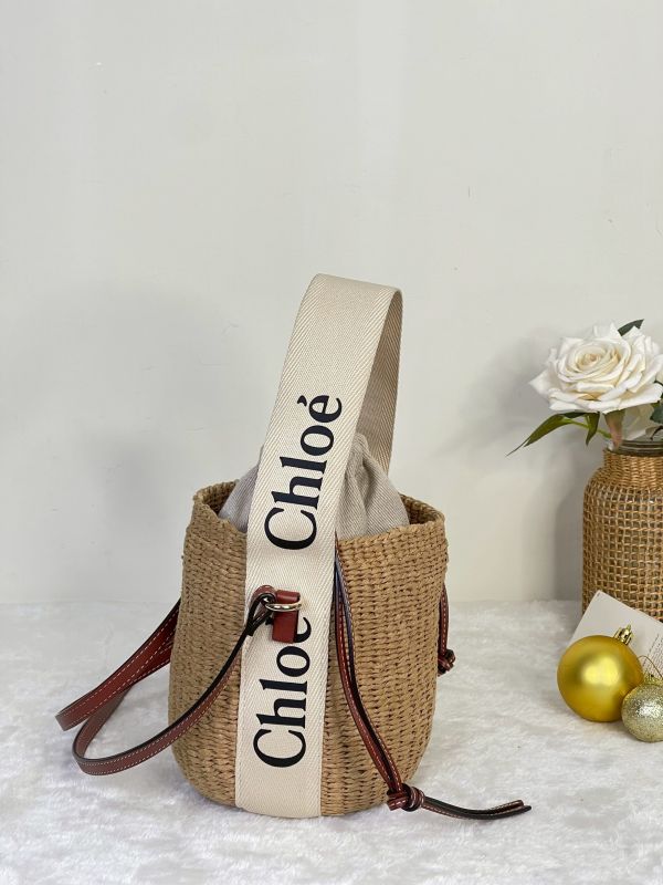 【95成新】Chloe 草編束口圓筒包 