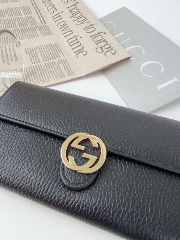 【99成新】GUCCI 雙G LOGO牛皮扣式長夾 