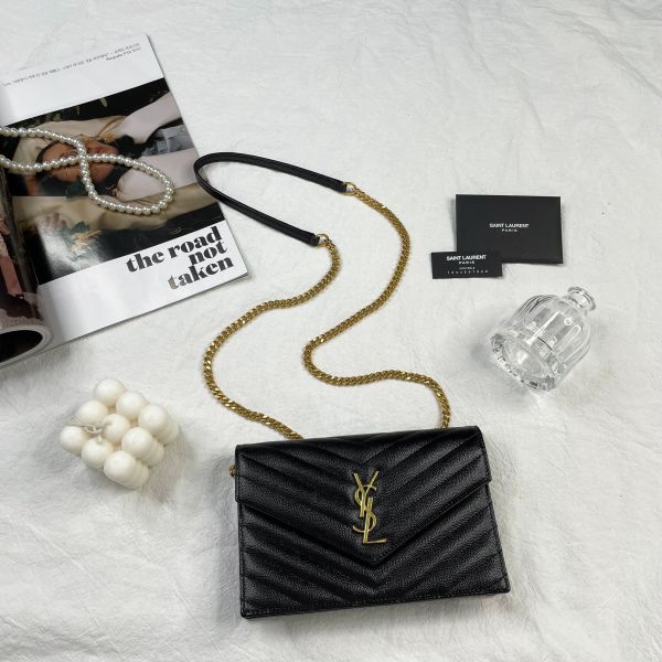 【12期0利率】YSL WOC 魚子醬鍊包黑金 19.5CM【95成新】 