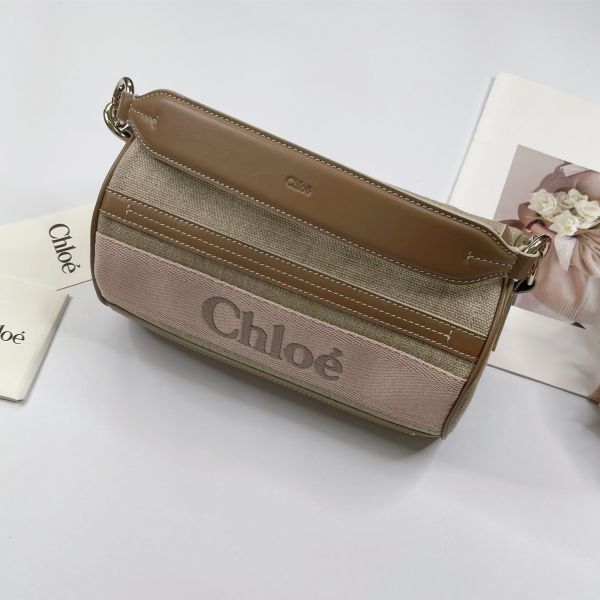 【12期0利率】【全新品】Chloé  WOODY 亞麻拼接皮革圓筒包 