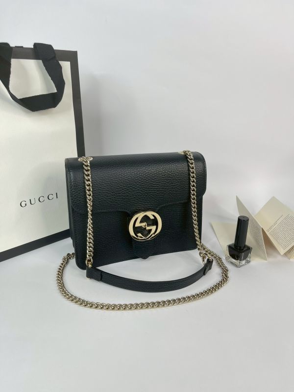 【分期0利率】GUCCI 雙G扣 荔枝牛皮雙層鍊條斜背包【95成】 
