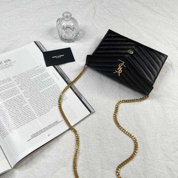 【12期0利率】YSL WOC 魚子醬鍊包黑金 19.5CM【95成新】 