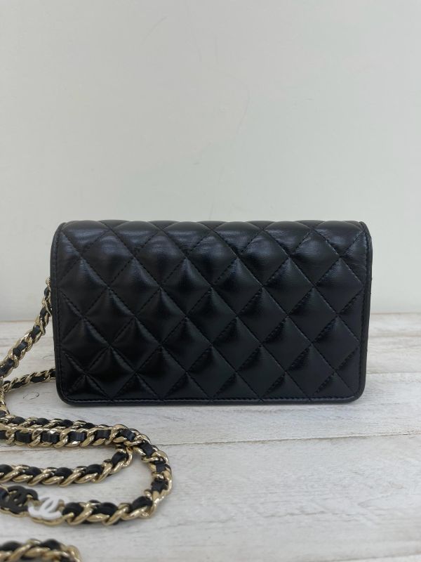 【95成新】CHANEL 24P 菱格紋黑白LOGO鍊 WOC 