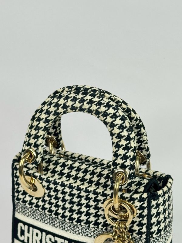 【9成新】DIOR 迷你黛妃包  千鳥格紋刺繡 