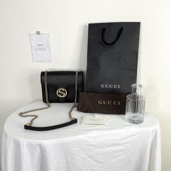 【12期0利率】GUCCI 雙G扣 荔枝牛皮雙層鍊條斜背包【9成新】 