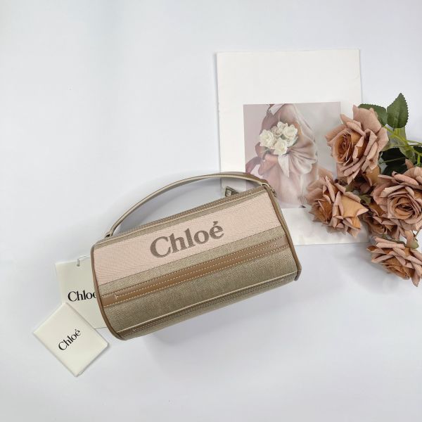 【12期0利率】【全新品】Chloé  WOODY 亞麻拼接皮革圓筒包 