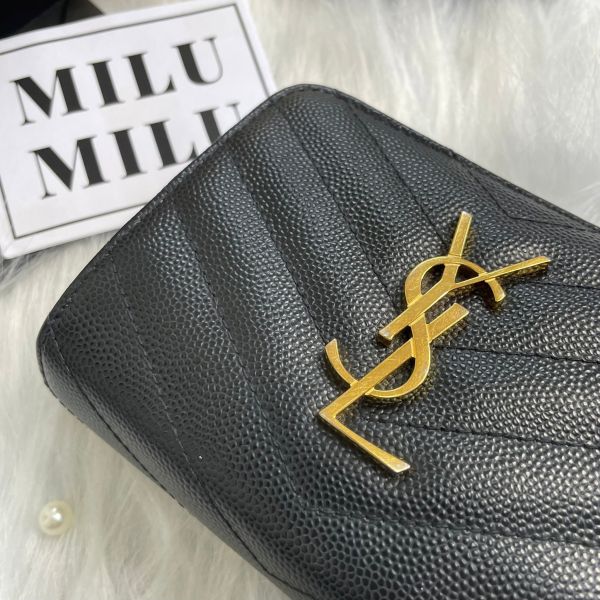 【12期0利率】【二手】YSL 魚子醬衍縫拉鍊對折 6 卡零錢袋短夾 