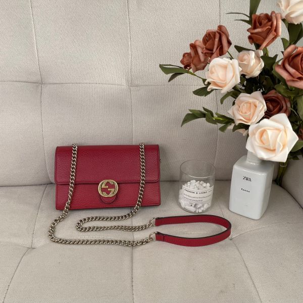 【85成新】【12期0利率】Gucci 皮革翻蓋單肩包-紅/金扣 