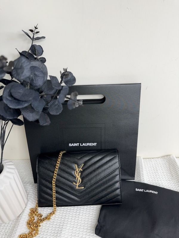 【12期0利率】YSL WOC 魚子醬鍊包 金扣22.5CM【95成新】 