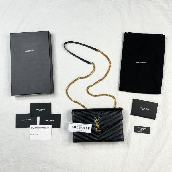 【12期0利率】YSL WOC 魚子醬鍊包黑金 19.5CM【95成新】 