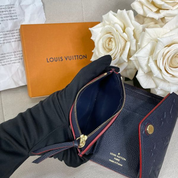 【12期0利率】【二手】LV 深藍色皮革壓紋三摺短夾 