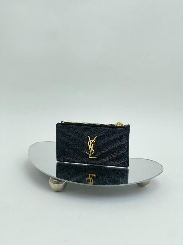 【99成新】YSL 粒面壓紋牛皮拉鍊卡片零錢包 