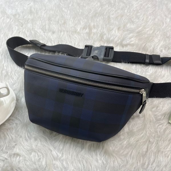 【12期0利率】BURBERRY 海軍藍格紋帆布腰包 大號【全新品】 