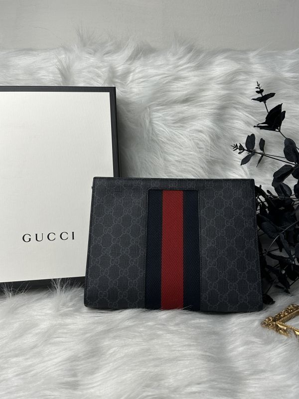 【9.9成】【12期0利率】GUCCI GG Supreme 紅藍WEB織帶手拿包 