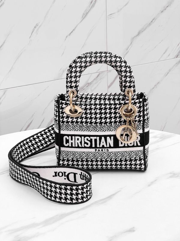 【9成新】DIOR 迷你黛妃包  千鳥格紋刺繡 