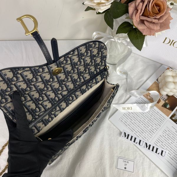 【9成新】【12期0利率】Dior Oblique 緹花Saddle鏈帶斜背包 