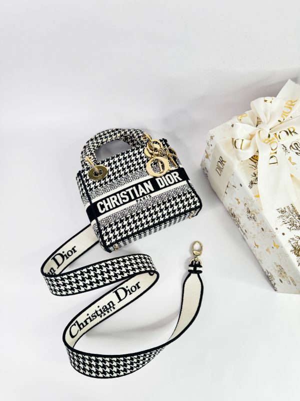 【9成新】DIOR 迷你黛妃包  千鳥格紋刺繡 