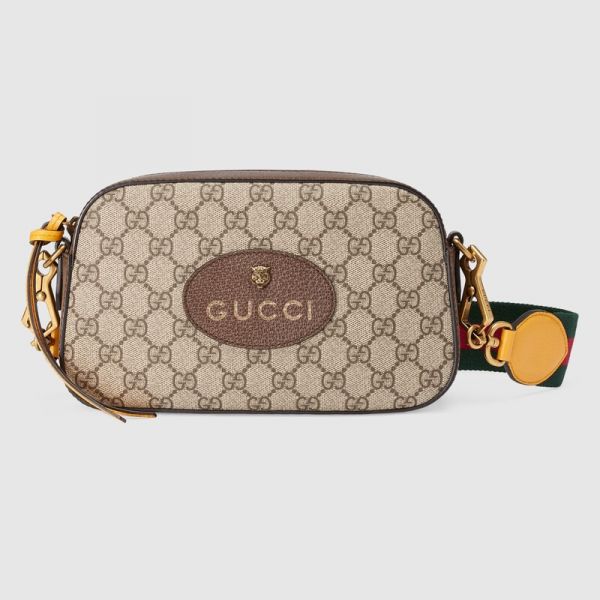 【12期0利率】GUCCI GG Superme 老虎LOGO綠紅色織帶帆布相機包 