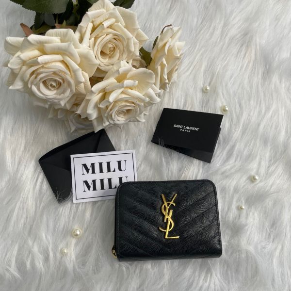 【12期0利率】【二手】YSL 魚子醬衍縫拉鍊對折 6 卡零錢袋短夾 