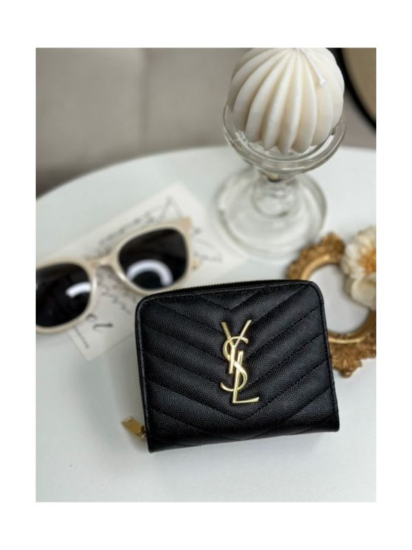 【12期0利率】【全新品】YSL 魚子醬衍縫拉鍊對折6卡零錢袋短夾【現金價】 