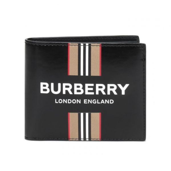 【12期0利率】【全新品】BURBERRY 漆皮條紋LOGO 8卡短夾 