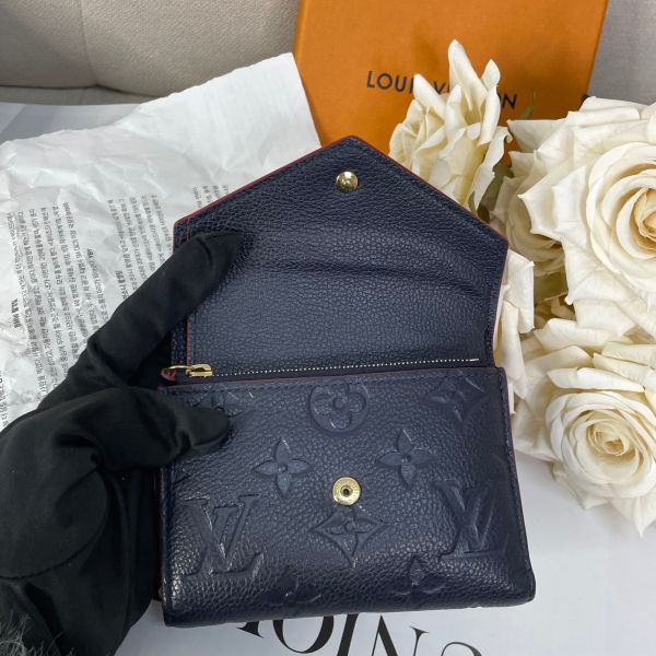 【12期0利率】【二手】LV 深藍色皮革壓紋三摺短夾 