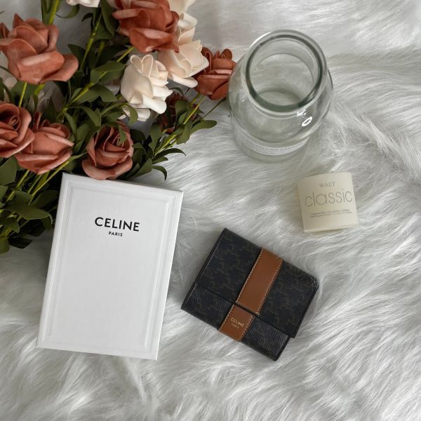 【12期0利率】【全新品】CELINE 羊皮織帶凱旋門三折短夾 