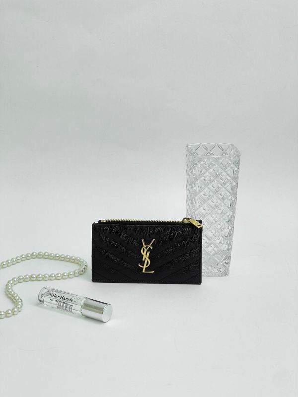 【99成新】YSL 粒面壓紋牛皮拉鍊卡片零錢包 