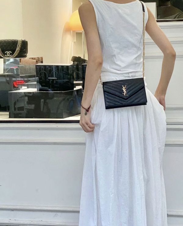 【12期0利率】YSL WOC 魚子醬鍊包黑金 19.5CM【95成新】 