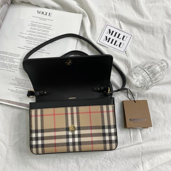 【12期0利率】【全新品】BURBERRY 斜挎Vintage 格紋拼皮革Penny包-黑 