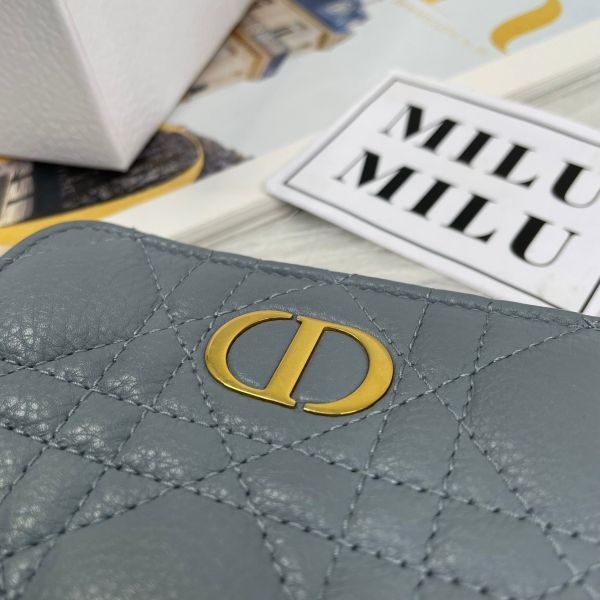 【9成新】【12期0利率】DIOR CARO SCARLET 黛妃小牛皮拉鏈短夾 雲藍色 