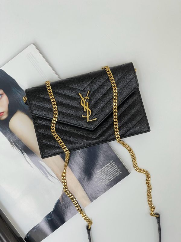 【95成新】YSL WOC 魚子醬鍊包黑金 19.5CM 