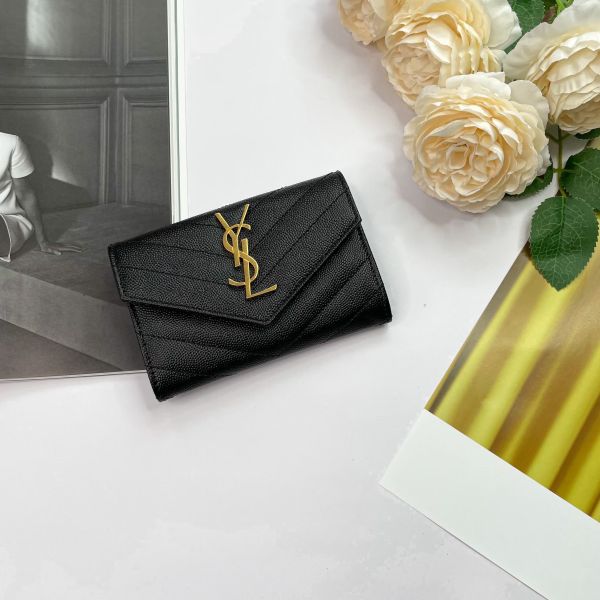 【12期0利率】【現金價】YSL 粒面壓紋皮革信封卡片夾 