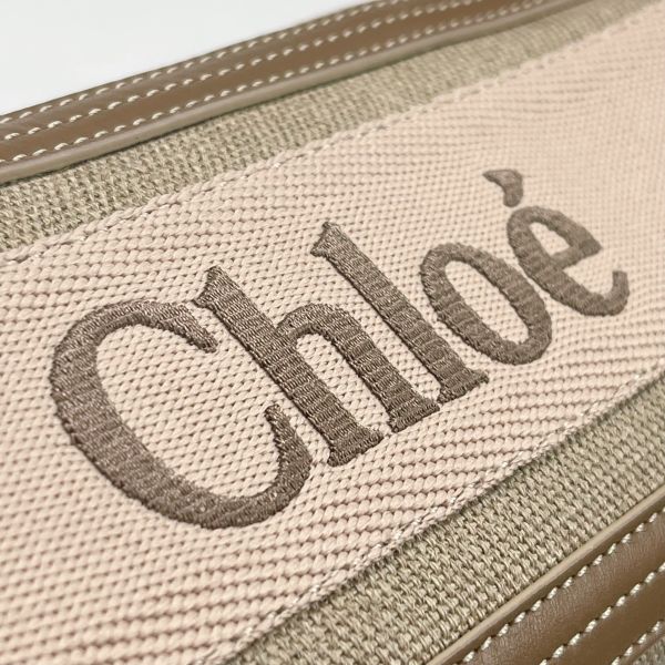 【12期0利率】【全新品】Chloé  WOODY 亞麻拼接皮革圓筒包 