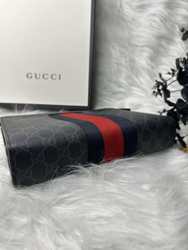 【9.9成】【12期0利率】GUCCI GG Supreme 紅藍WEB織帶手拿包 
