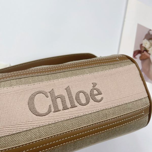 【12期0利率】【全新品】Chloé  WOODY 亞麻拼接皮革圓筒包 