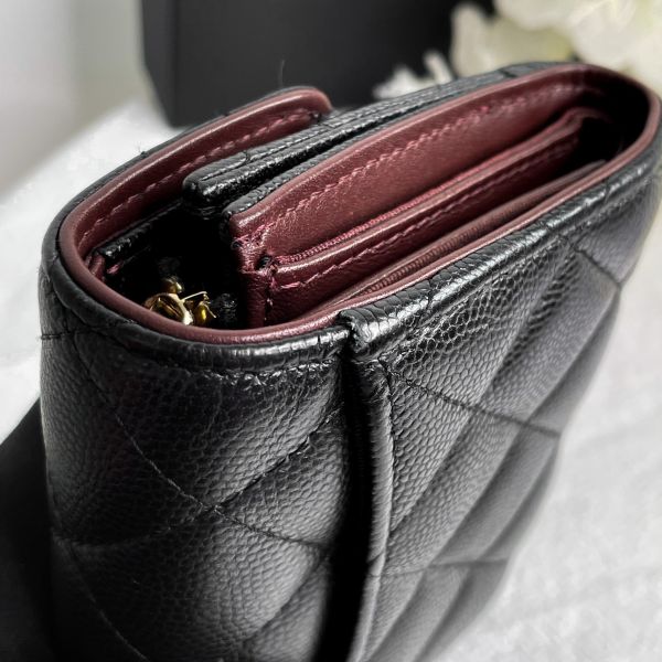 【9成新】【12期0利率】CHANEL 三折短夾 牛皮黑/淡金 